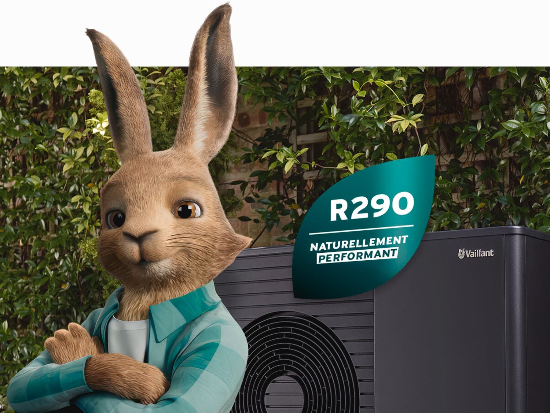 Vaillant hare with natural refrigerant logo in front of an aroTHERM plus heat pump
