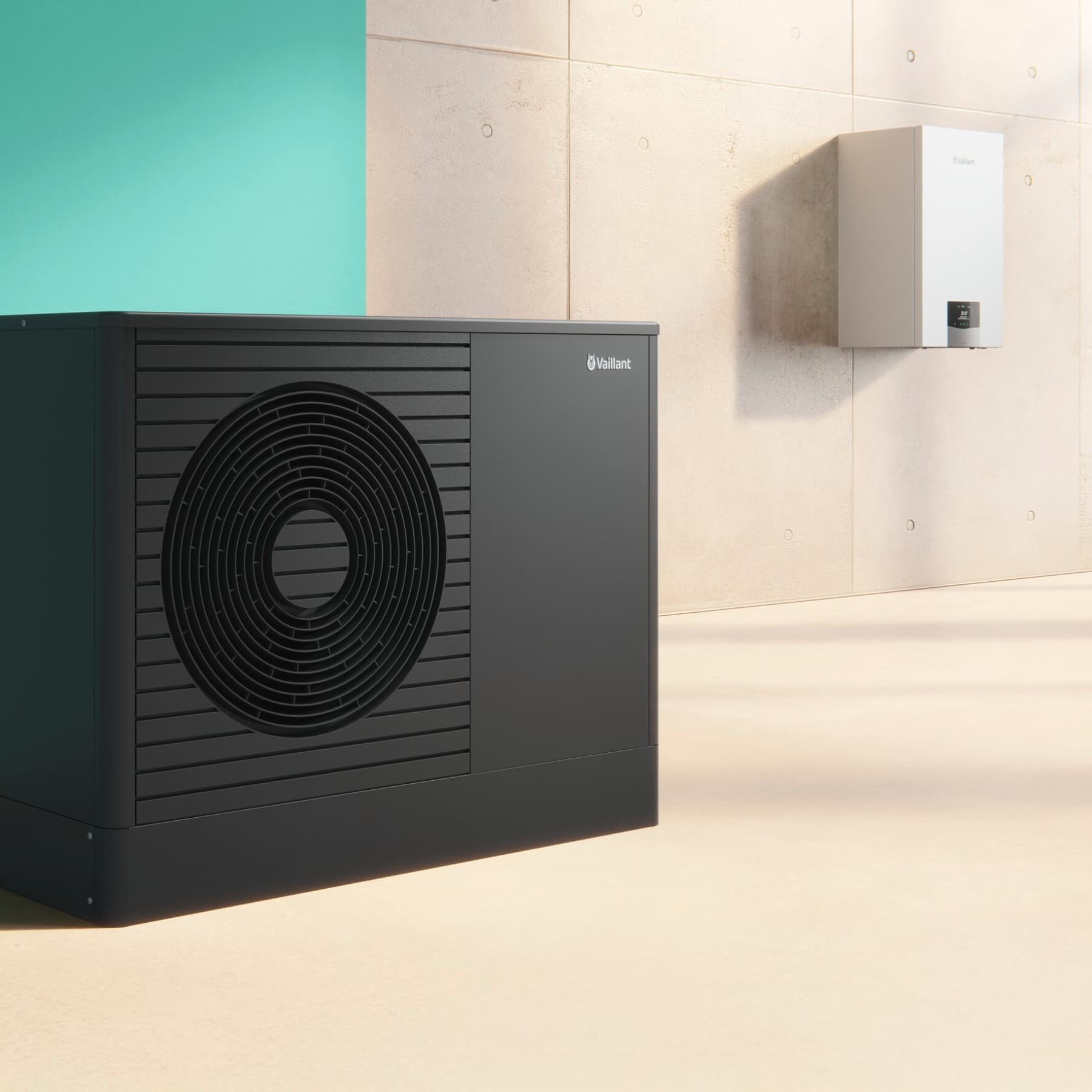 Heat pump and boiler in front of wall