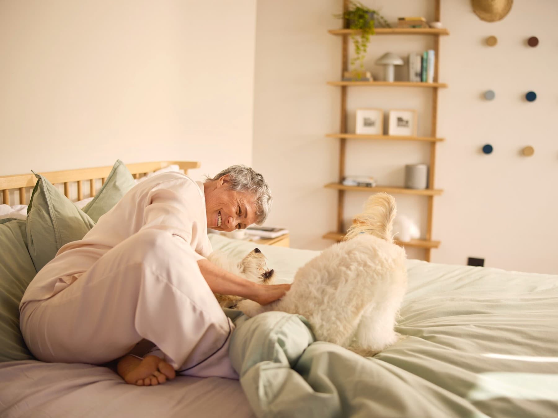 A smiling woman petting a dog on a bed
