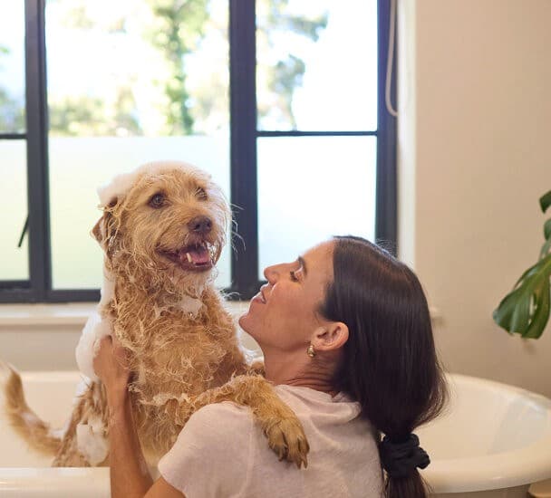 Woman bathing her dog