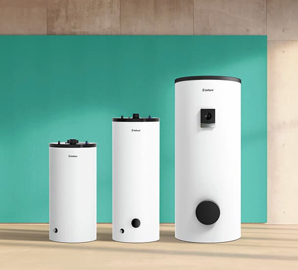 Three Vaillant domestic hot water cylinders in differen sizes.