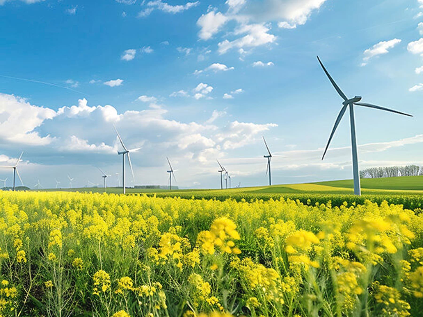 Wind turbine in a field produces primary energy