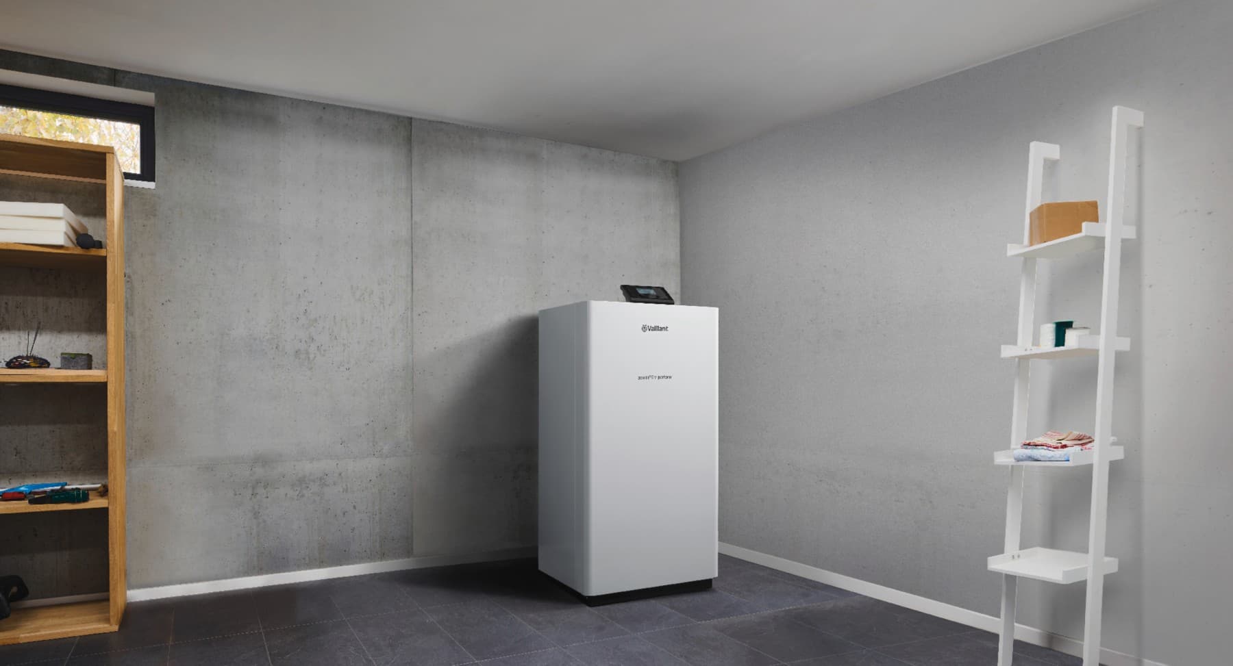 A heat pump in a utility room