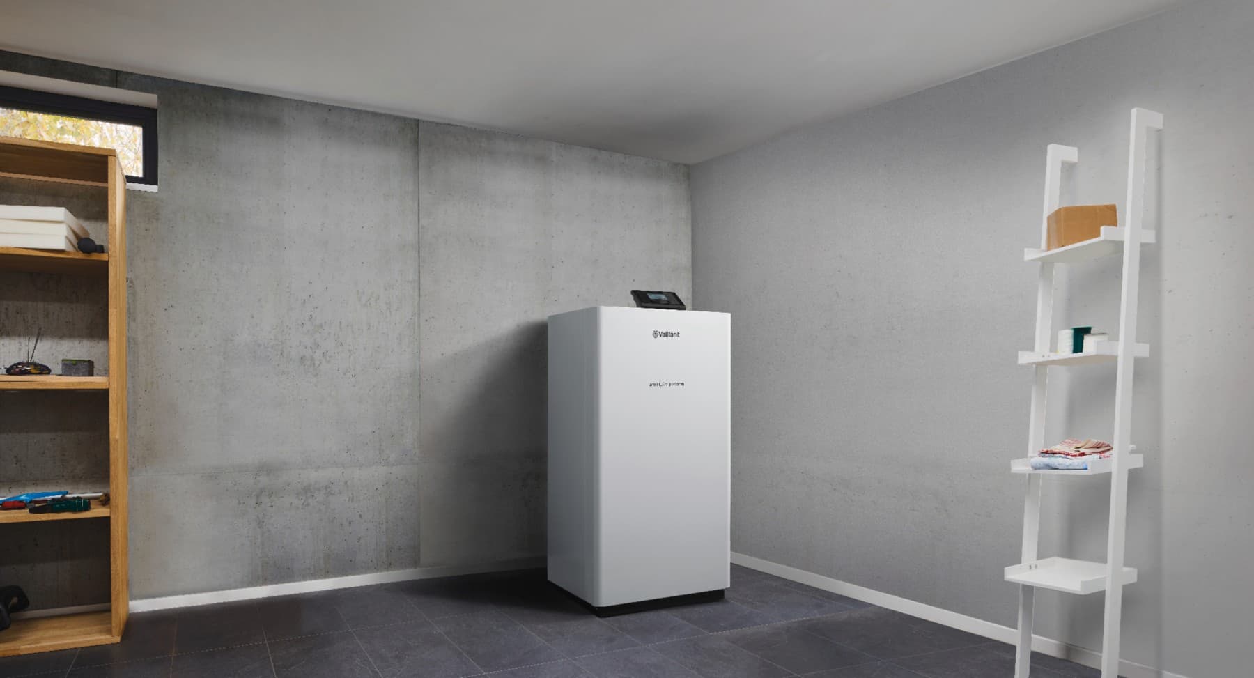 Ground-source heat pump in a utility room