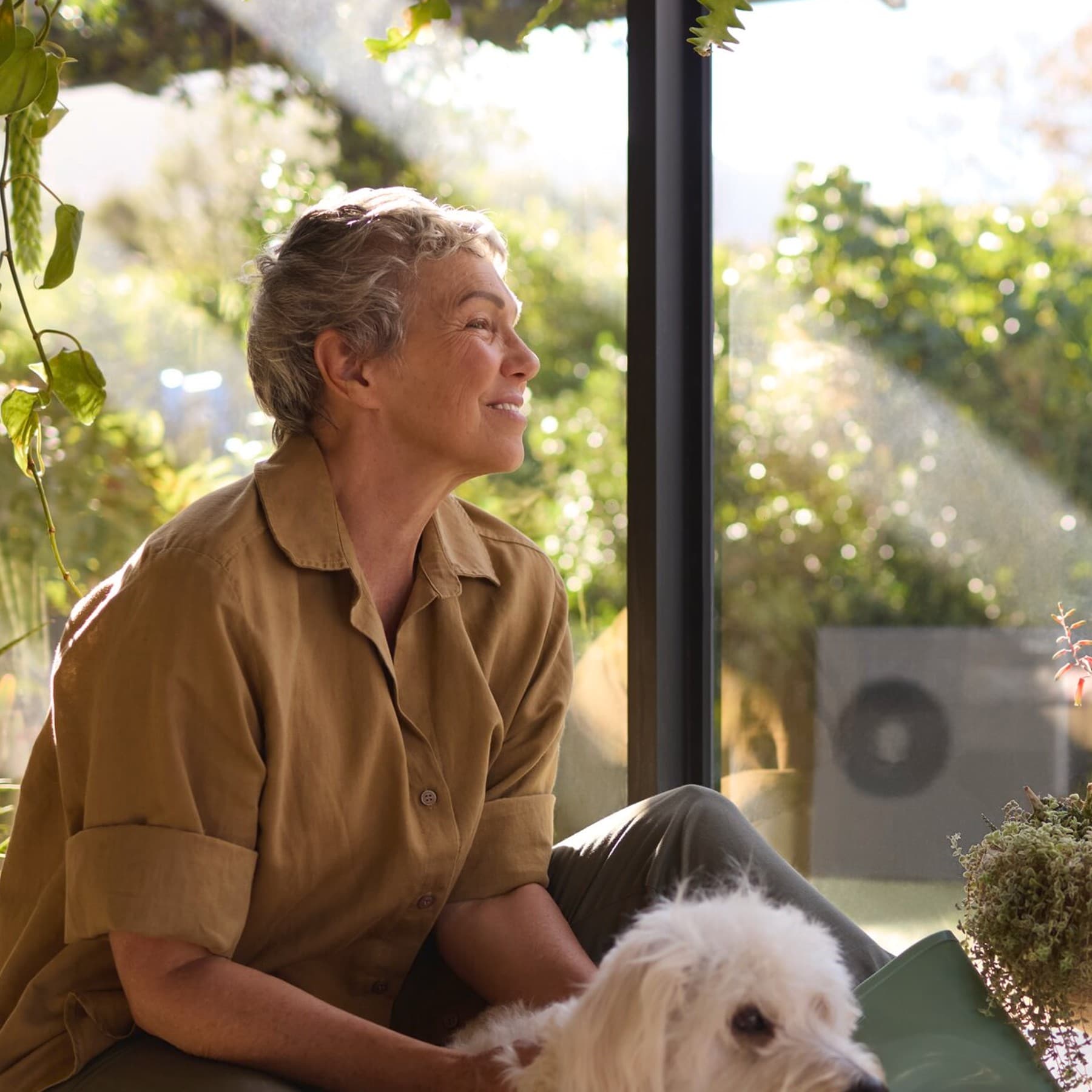 Une femme assise près de la fenêtre avec son chien
