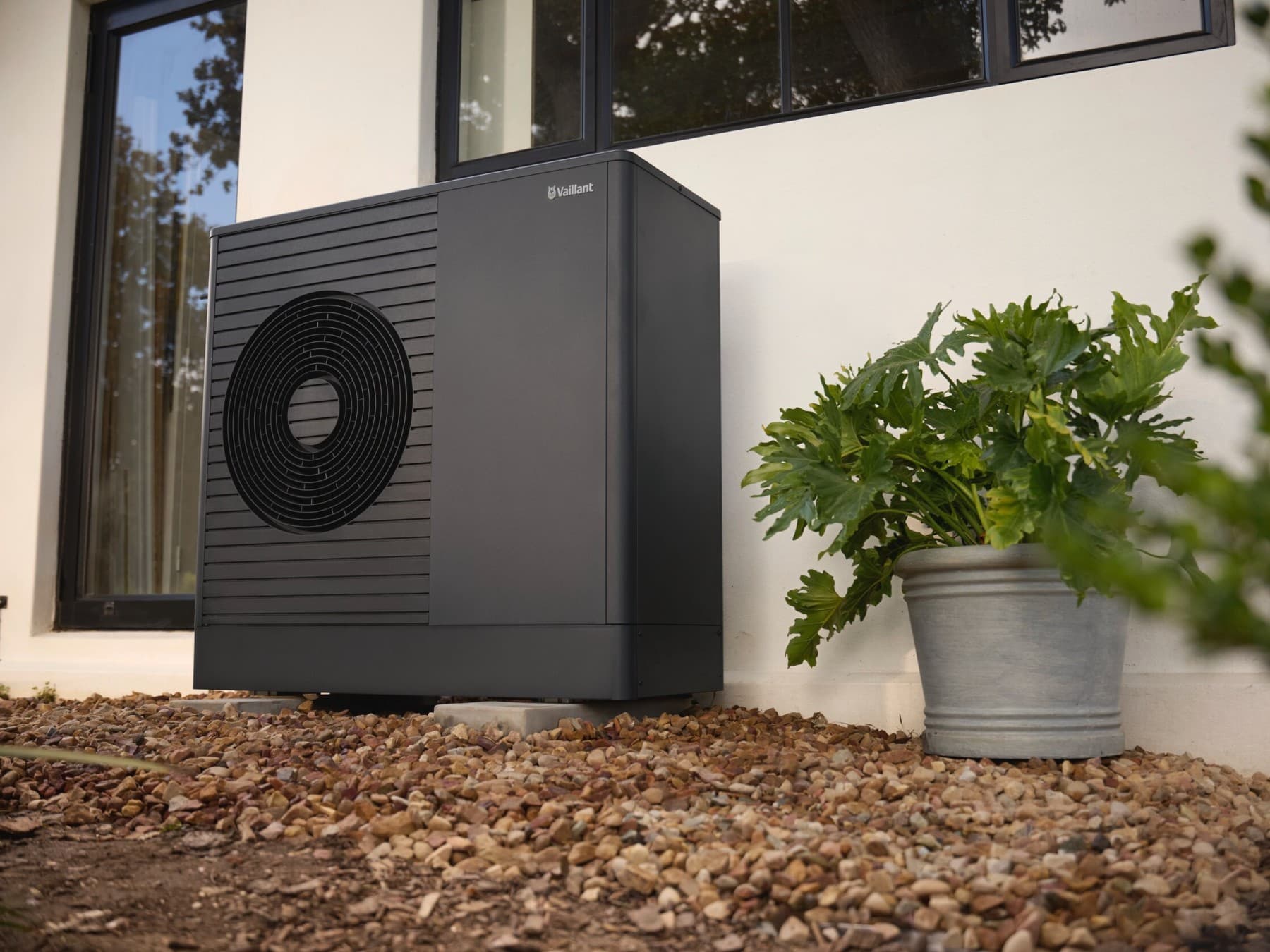 Vaillant heat pump in a garden.
