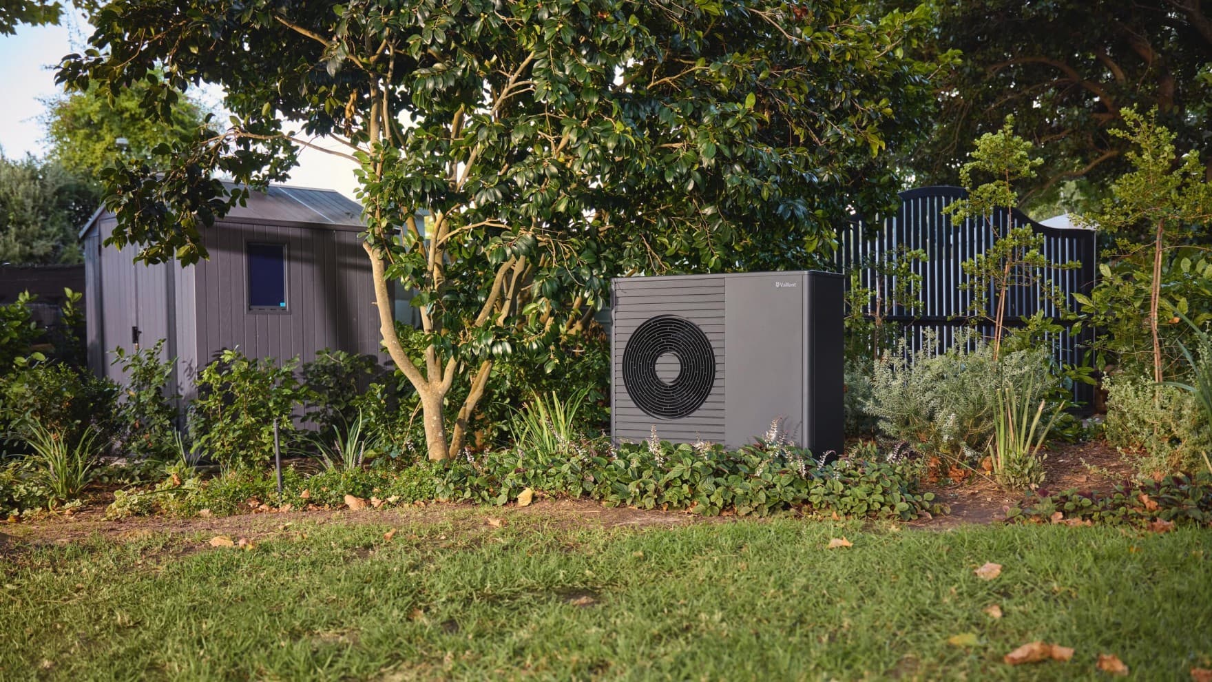 Vaillant heat pump in a garden