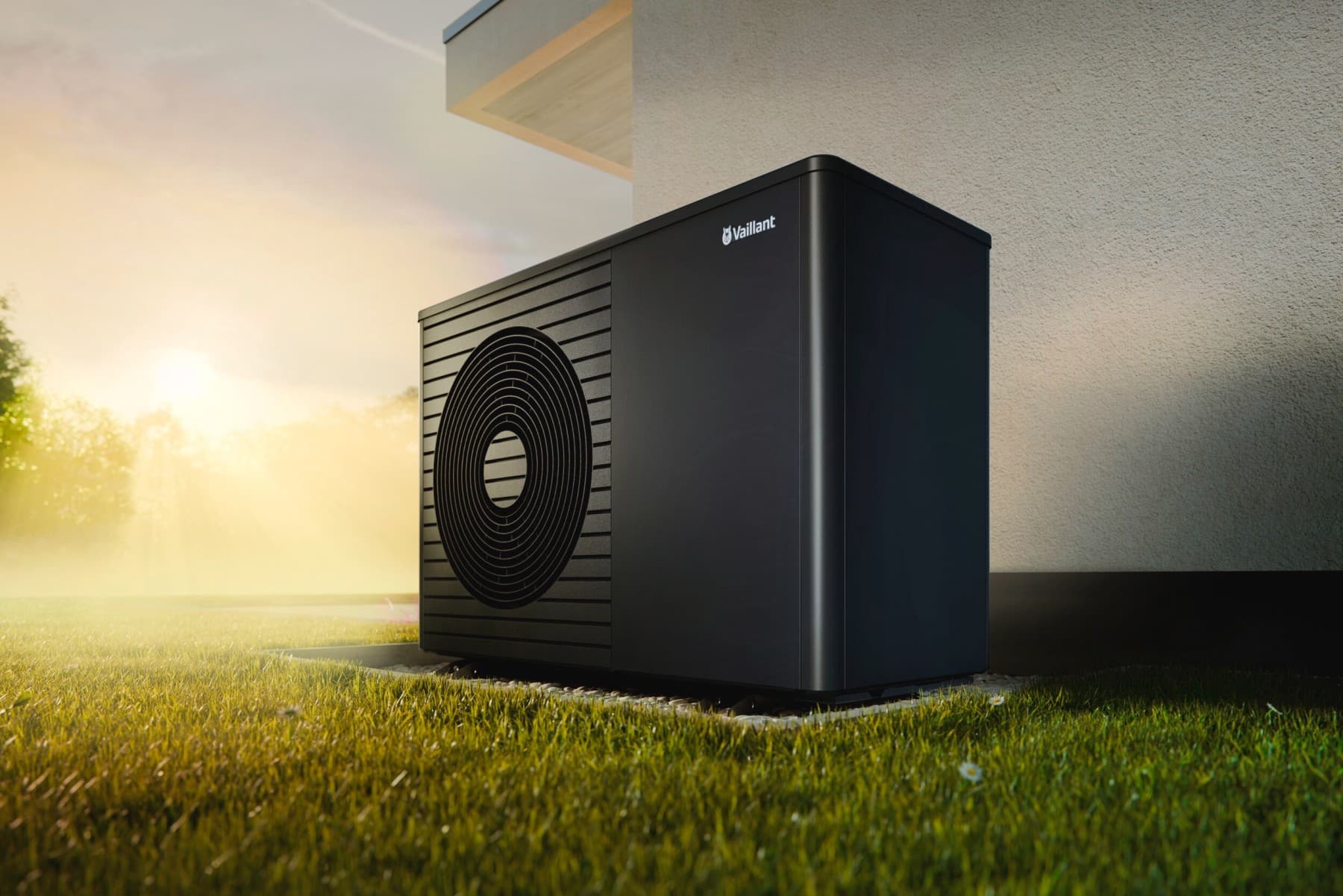 Heat pump outdoor unit in a sunset