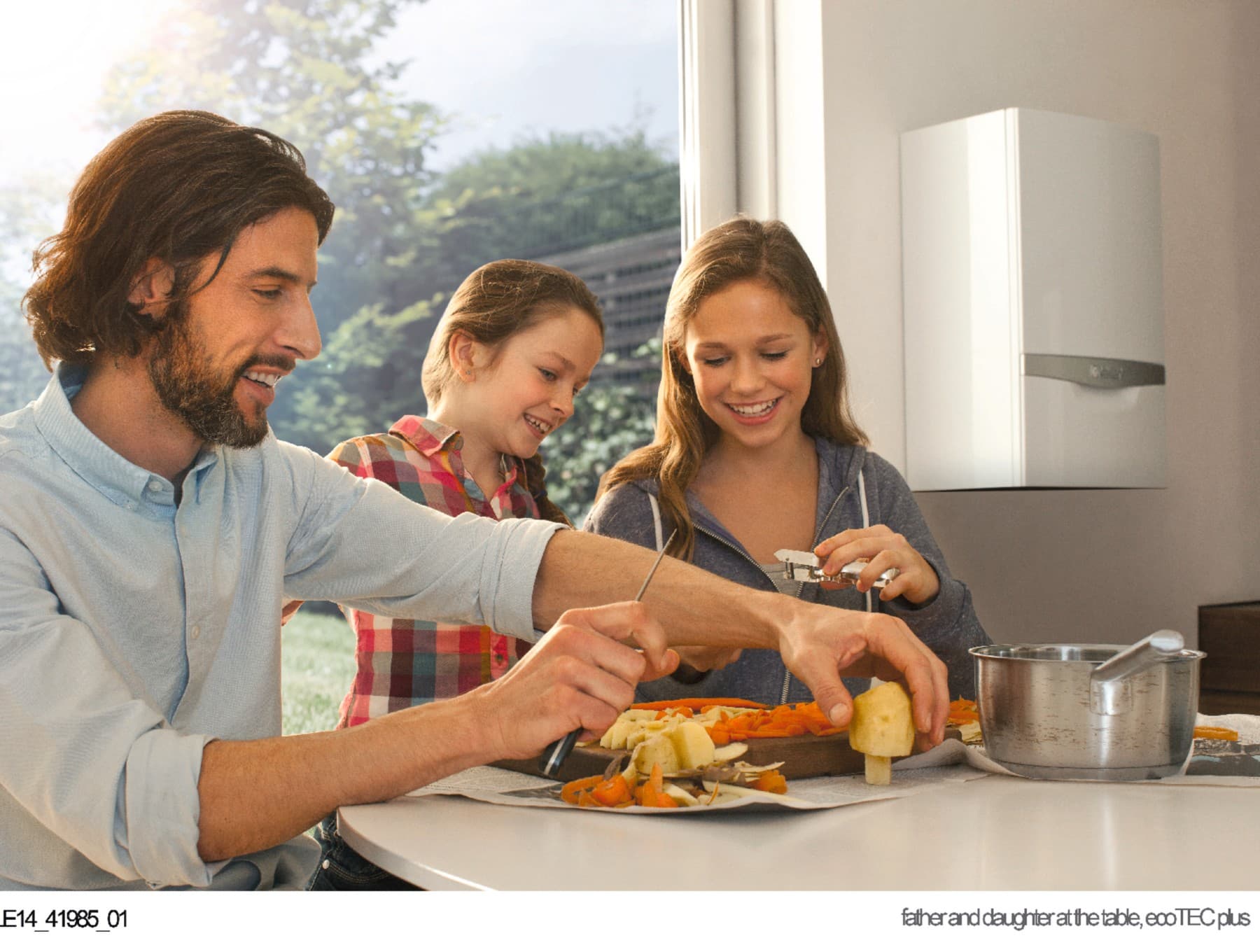 Father and children cooking in the kitchen with fresh water thanks PP pipes