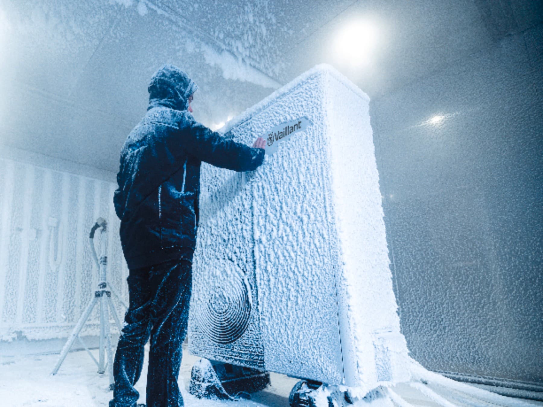 A heat pump being tested under extreme cold conditions.