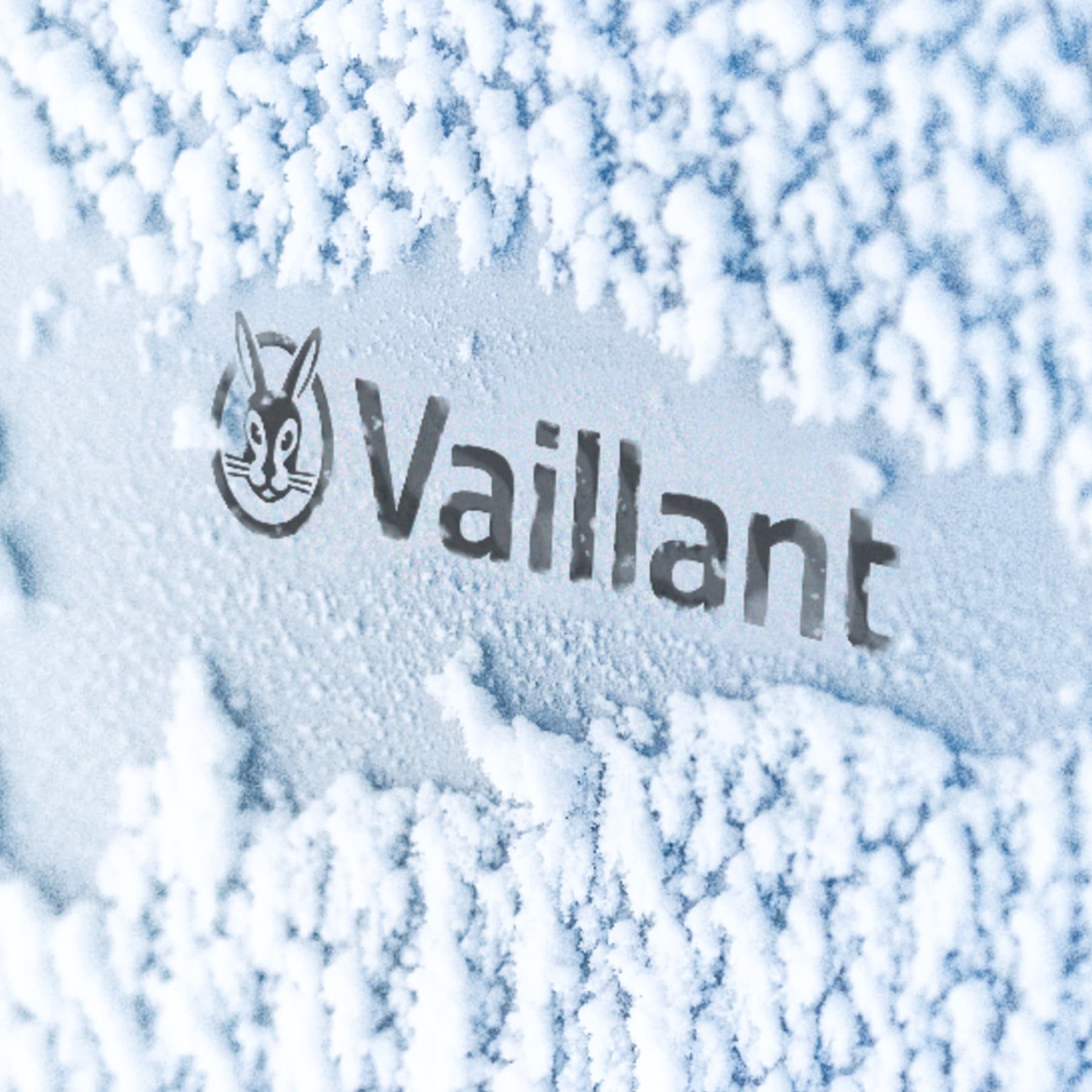 Logo Vaillant sur une pompe à chaleur recouverte de neige