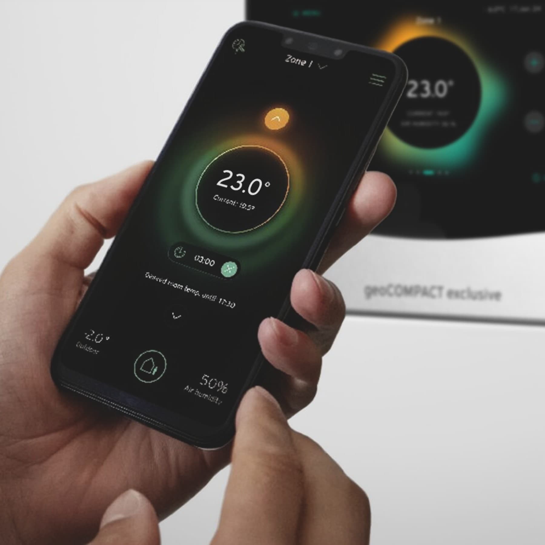 A smartphone in your hand that displays the temperature