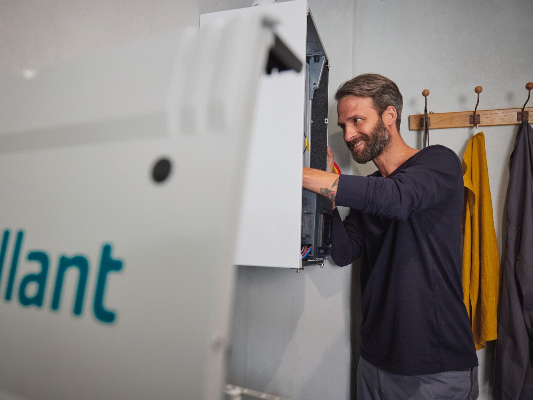 Installer working on a boiler