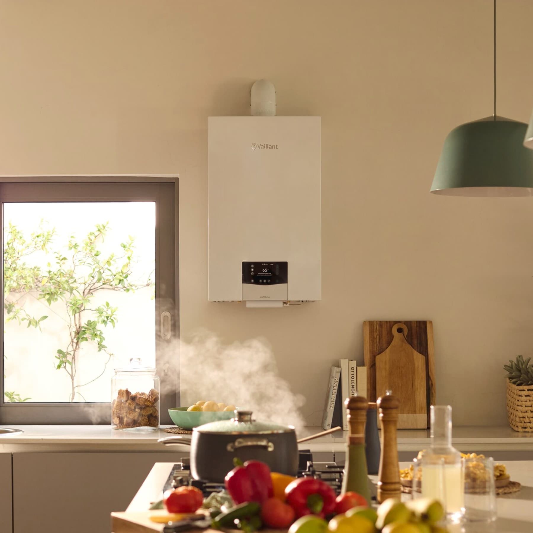 wall-hung gas condensing boiler in a kitchen