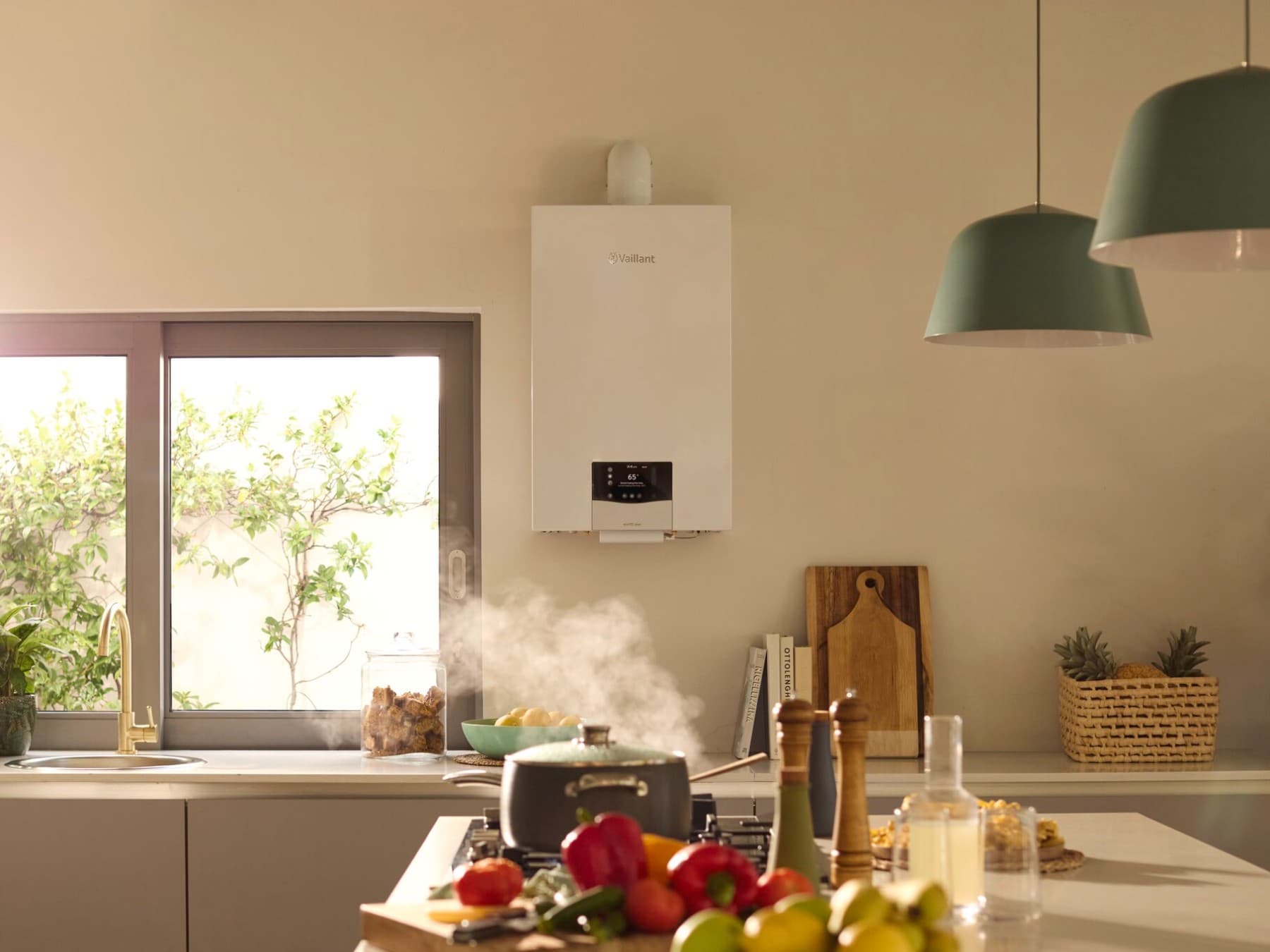 Wall-mounted gas boiler in a kitchen