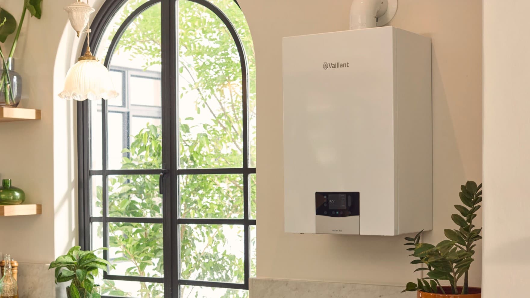 wall-mounted ecoTEC plus gas condensing boiler in a kitchen