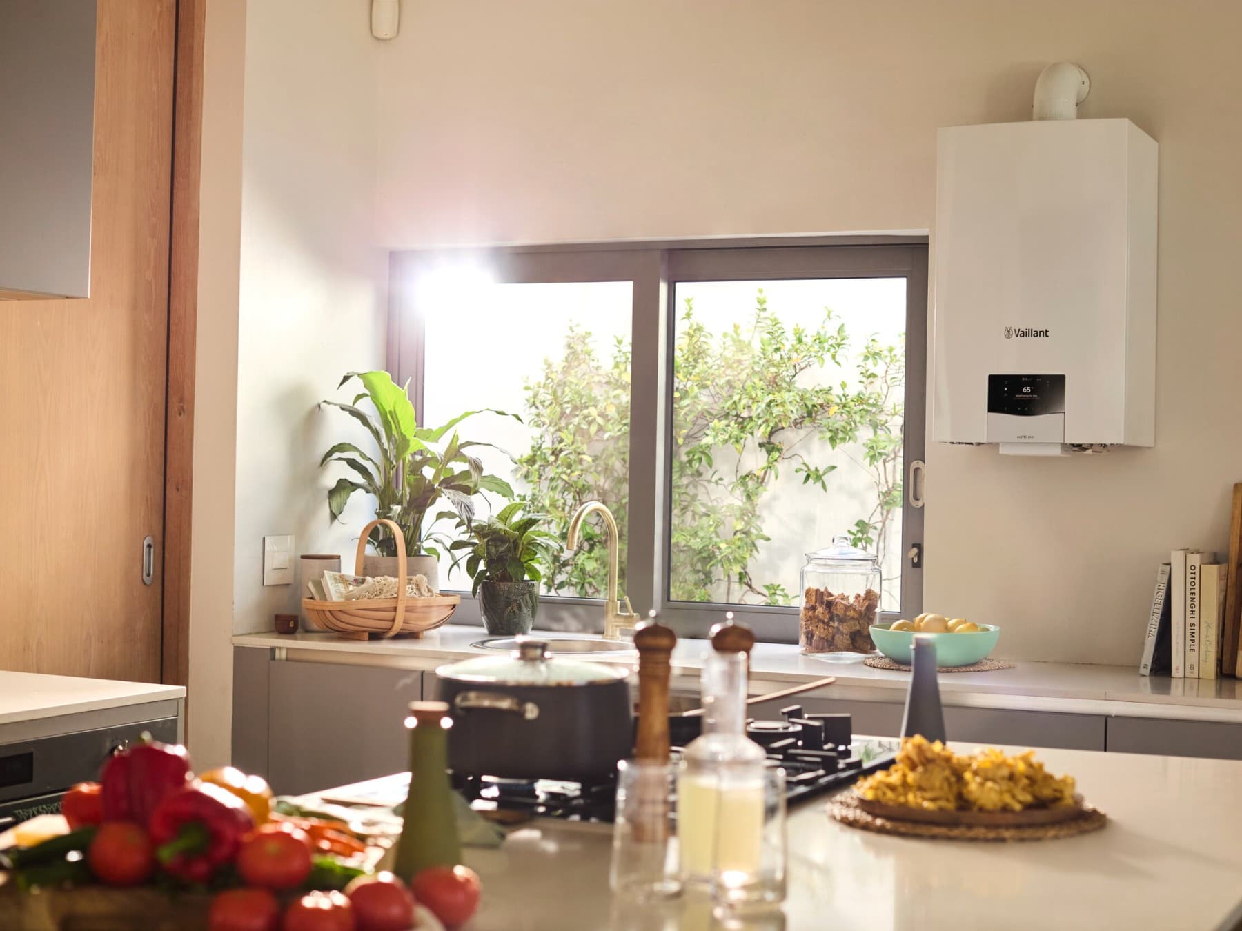 Vaillant gas boiler hanging in a kitchen